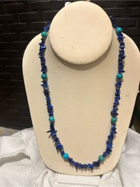 Blue Lapis Chip Necklace with Turquoise Beads - Women Jewelry